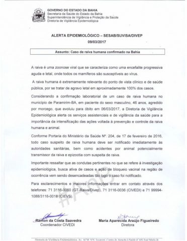 Confirmada morte por raiva humana na Bahia