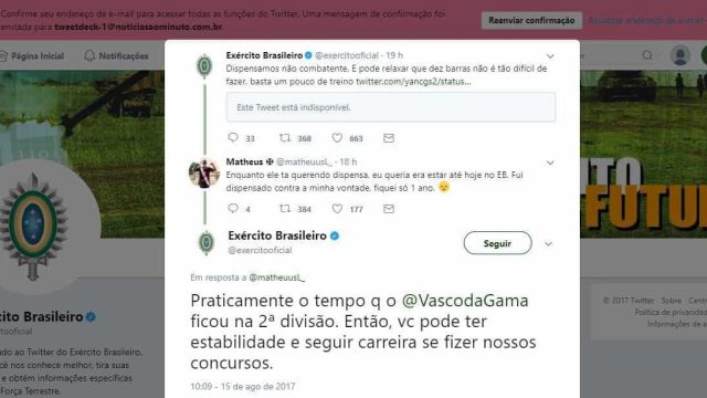 Twitter do Exército faz piada com Vasco e revolta torcedores