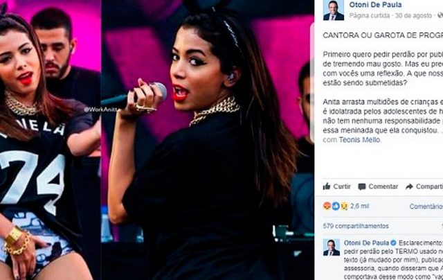 Vereador publica foto de Anitta e questiona: 'cantora ou garota de programa?'