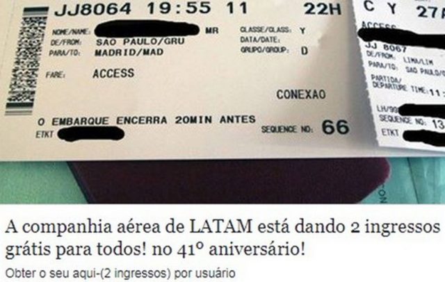 Golpe no Facebook promete passagens aéreas da Latam grátis