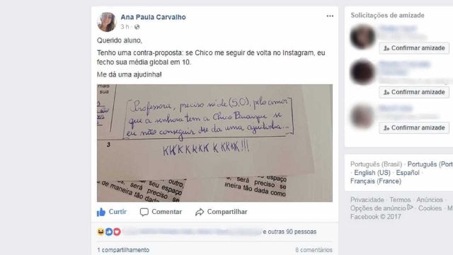 Professora promete 10 a aluno se Chico Buarque a seguir no Instagram