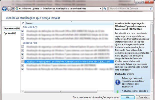 Atualização KB2823324 em lista do Windows Update no Painel de Controle. Se ela for desmarcada, também será instalada.  (Foto: Reprodução)