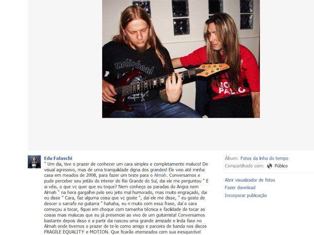Eduardo Falaschi lamenta morte do guitarrista Paulo Schroeber. (Foto: Reprodução/Facebook) Eduardo Falaschi lamenta morte do guitarrista Paulo Schroeber. (Foto: Reprodução/Facebook)