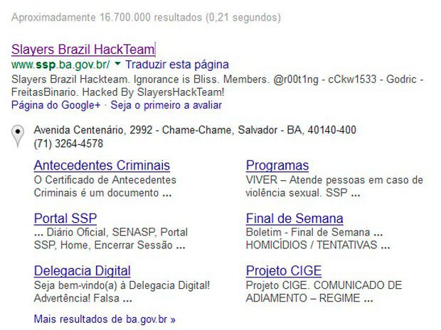 Site da SSP-BA alvo de hackers (Foto: Reprodução/Google)